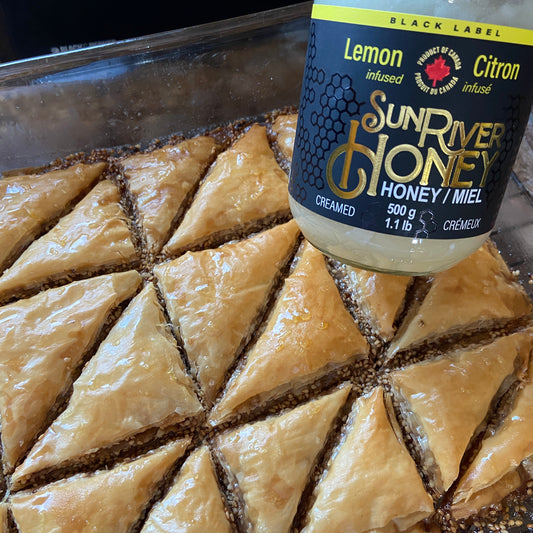 Baklava and a jar of Lemon Infused Sun River Honey