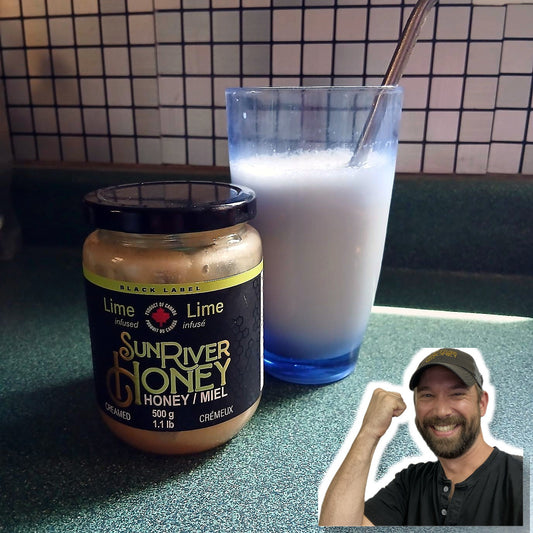 Sun River Honey Lime Creamed Honey beside a homemade milkshake with an Aaron sticker overlay in the corner.